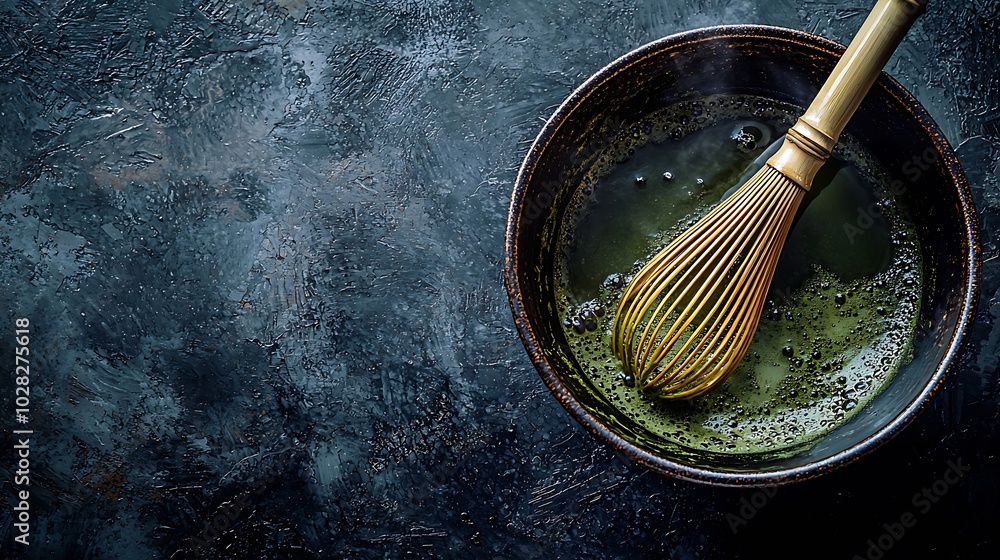 Poster matcha green tea cooking process in a bowl with bamboo whisk black slate background top view copy sp