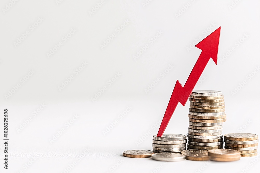 Poster stack of coins with a red downward arrow, illustrating the effect of falling interest rates on savin