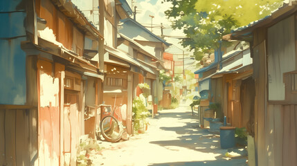 Fototapeta premium 昭和レトロな住宅街と夏の日差しが照らす路地裏の風景