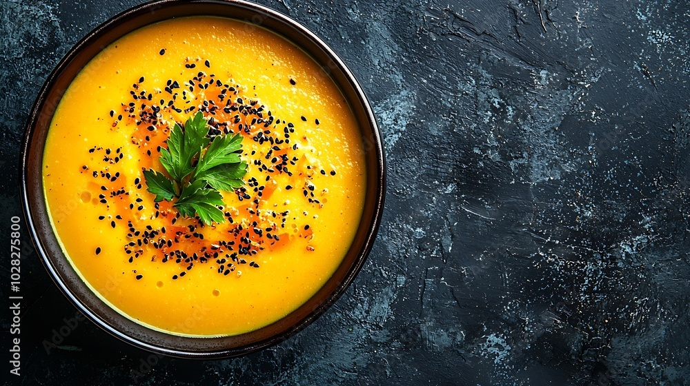 Poster pumpkin carrot cream soup in a bowl slate background close up top view : generative ai