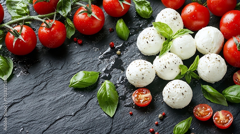 Poster Mozzarella cheese balls with tomatoes and basil Dark slate background Top view : Generative AI