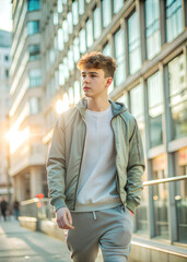 Fototapeta premium A teenage boy walking around a city