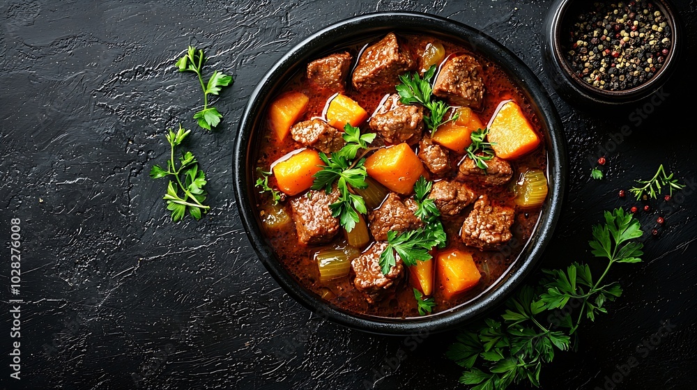 Poster beef meat and vegetables stew in black bowl dark background copy space top view : generative ai