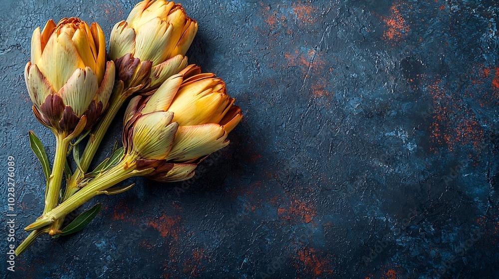 Poster fresh artichokes hearts on dark marble background close up top view : generative ai