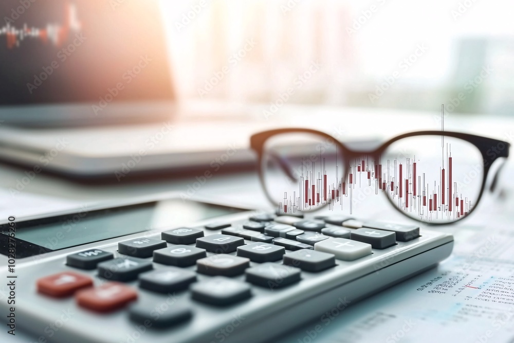 Poster calculator with a declining interest rate graph on the screen, financial analysis concept