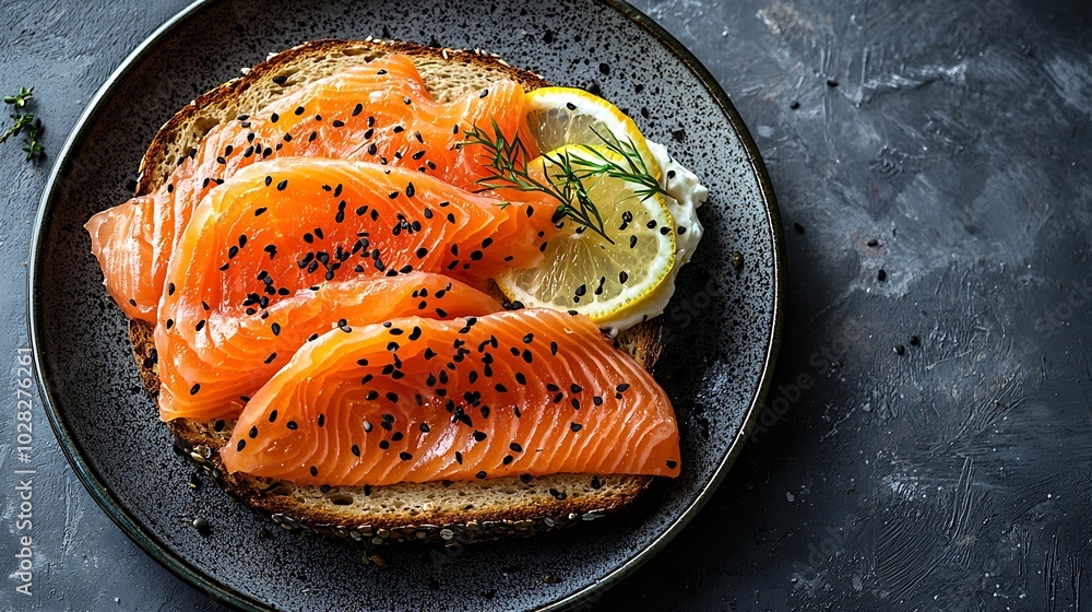 Poster sandwich toast with smoked salmon and cream cheese on plate with norwegian flag grey background top 