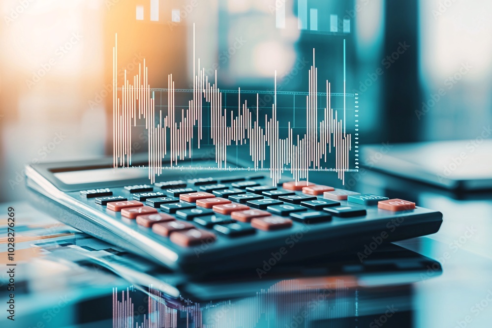 Poster calculator with a declining interest rate graph on the screen, financial analysis concept