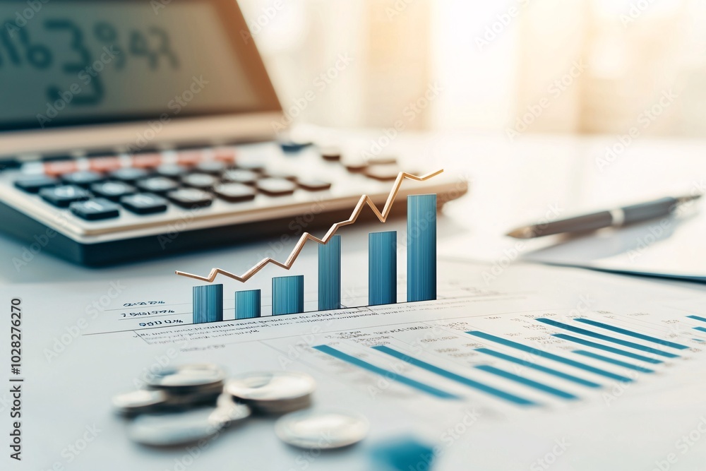 Poster calculator with a declining interest rate graph on the screen, financial analysis concept