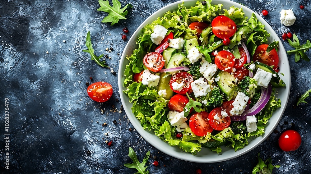 Poster grilled vegetables salad with feta cheese in white plate on blue textile background close up : gener