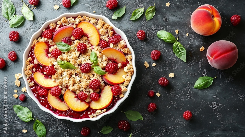 Poster peach and berry crumble in a baking dish top view copy space : generative ai
