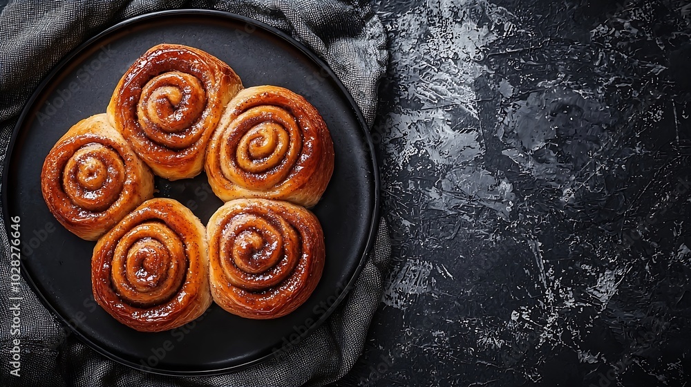 Poster cinnamon rolls buns cinnabons on black plate dark background close up top view : generative ai