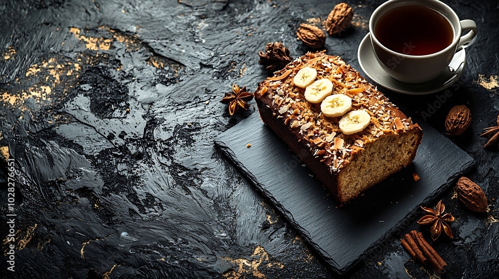 Poster banana coconut bread cake with cup of tea on slate board dark stone background copy space top view :