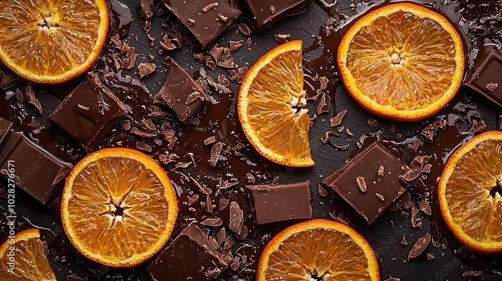 Poster candied orange slices in chocolate slate background top view copy space : generative ai