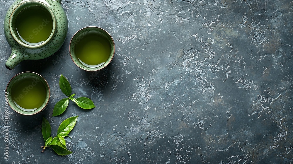 Poster green tea in tea pot and chawan bowls cups on slate background top view copy space : generative ai