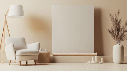 Modern Minimalist Living Room with Beige Abstract Canvas and Cozy Accents