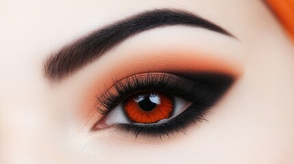 Close-up of bold Halloween eye makeup featuring orange and black shades, paired with dramatic lashes and festive contact lenses for a spooky look