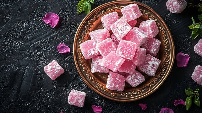 Turkish delights lokum rose flavour in a copper plate Dark background Top view : Generative AI