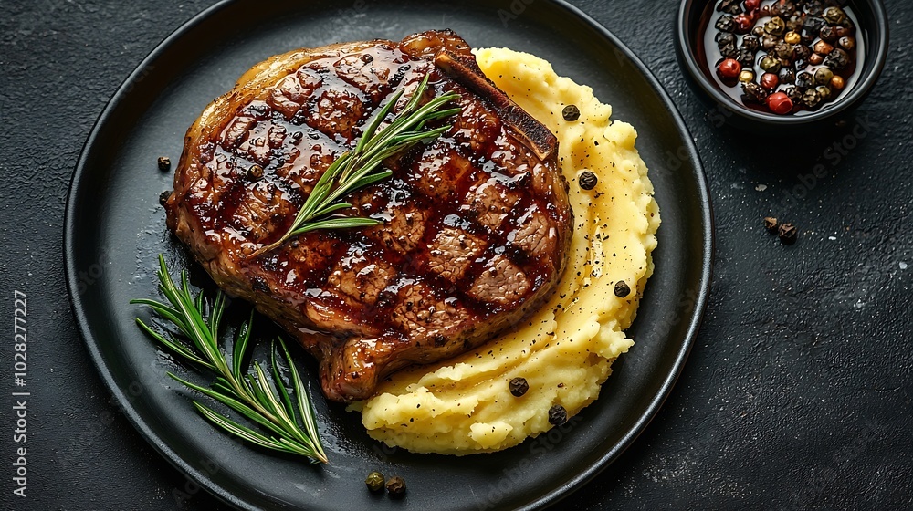 Poster Beefsteak with mashed potato on a plate Grey background Copy space Top view : Generative AI