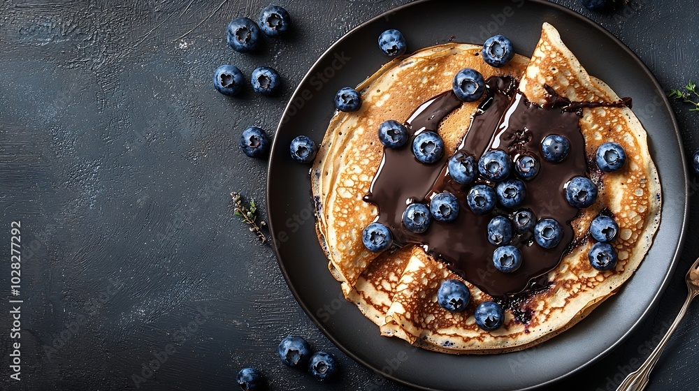 Poster crepes thin pancakes with chocolate sauce and fresh blueberries grey background top view : generativ