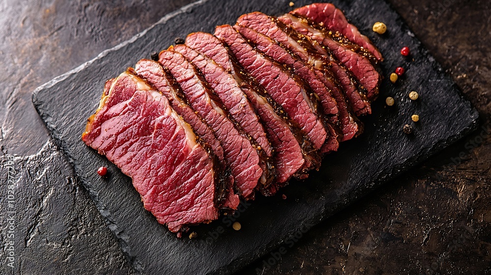 Poster roasted beef pastrami on slate cutting board copy space top view : generative ai