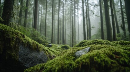 Obraz premium Lush Green Moss Covering Forest Floor with Tall Trees in the Background