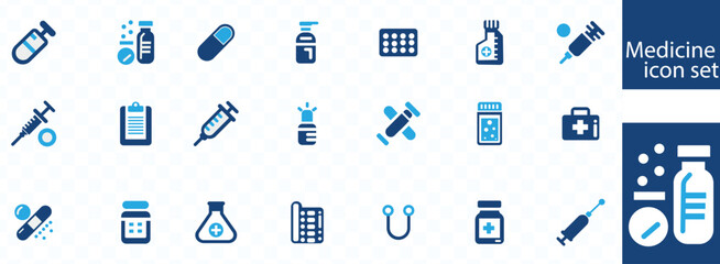 Medicine, bandage, medication, prescription, treatment, health and syringe symbol. Solid icons vector collection