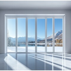 Fototapeta premium Modern Interior with Large Windows and Scenic View