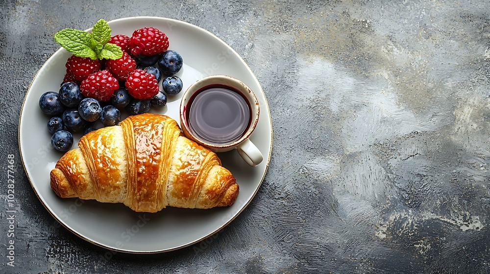 Poster croissant with fresh berries chocolate spread and butter with cup of coffee on a marble background t