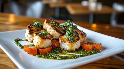 Close-up of grilled cauliflower steaks served with pesto sauce, garnished with fresh herbs, and placed over roasted vegetables on a white plate.