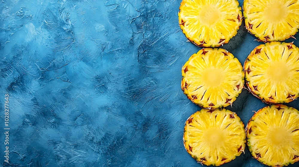 Aufkleber fresh pineapple slices on blue background top view copy space : generative ai
