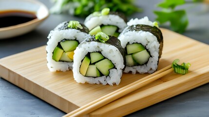 Close-up of vegetarian sushi rolls filled with cucumber and avocado, served on a bamboo board with soy sauce in the background.