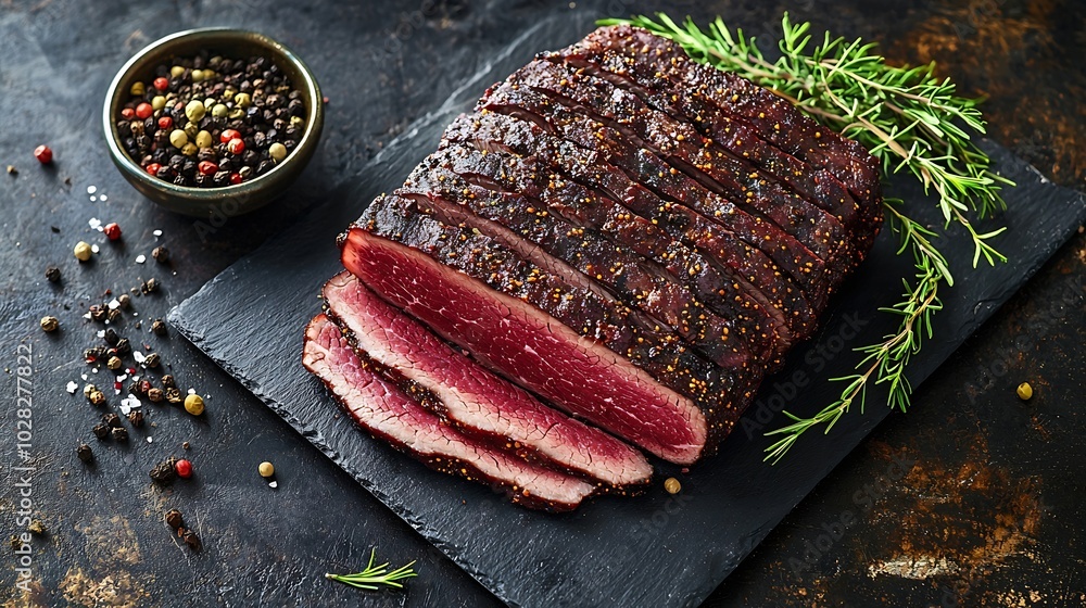 Poster roasted beef pastrami on slate cutting board close up top view : generative ai