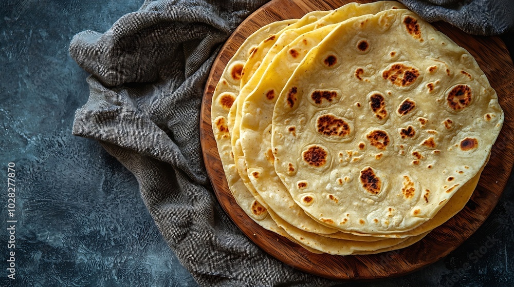 Poster tortillas flat breads on grey textile background copy space top view : generative ai