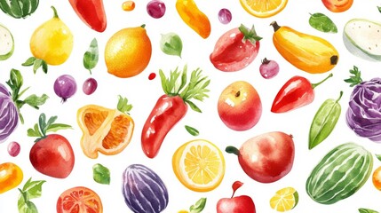 Watercolor Seamless Pattern of Fresh Fruits and Vegetables