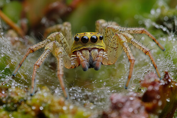 Spider resting in the center of a dew-covered web