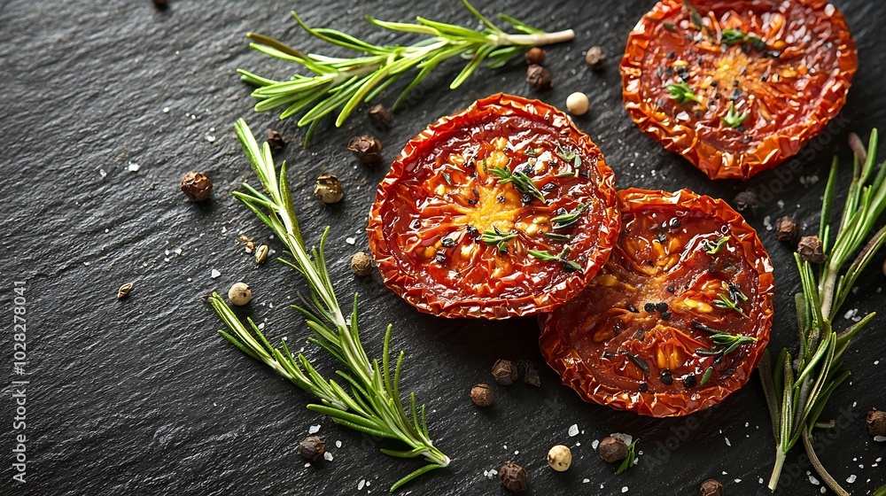 Poster sun dried tomatoes with fresh herbs and spices slate background top view : generative ai