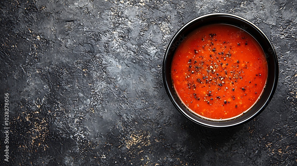 Poster tomato soup in a black bowl on grey stone background top view copy space : generative ai