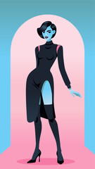 Young woman with short hair. Beautiful girl in high boots. Full-length character. Vector isolated illustration. Flat character portrait.