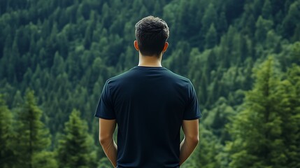 Fototapeta premium A person in a dark shirt stands in a lush forest, looking out at the trees.