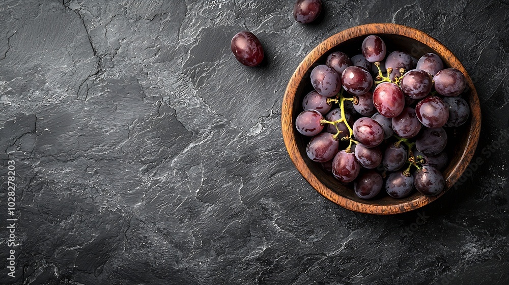 Poster grape in bowl on a black stone background copy space : generative ai