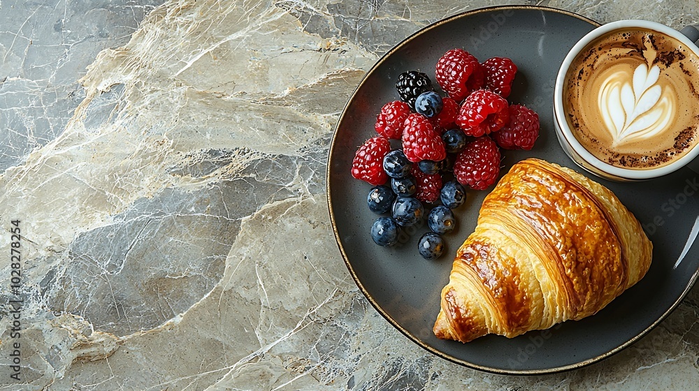 Poster Croissant with fresh berries chocolate spread and butter with cup of coffee on a marble texture background Top view Copy space : Generative AI