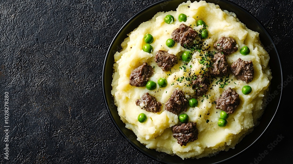 Aufkleber mashed potatoes with beef meat and green peas in bowl grey background copy space top view : generati