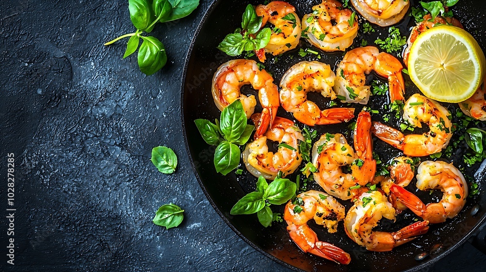 Poster prawns with lemon and fresh herbs in a black frying pan stone background top view : generative ai