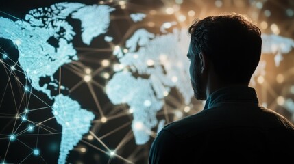 A person gazes at a digital world map, symbolizing global connectivity and technology.