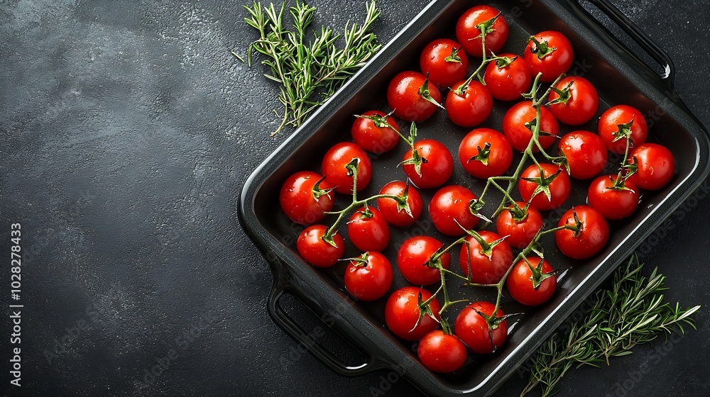 Poster roasted cherry tomatoes with herbs in baking dish grey background copy space top view : generative a