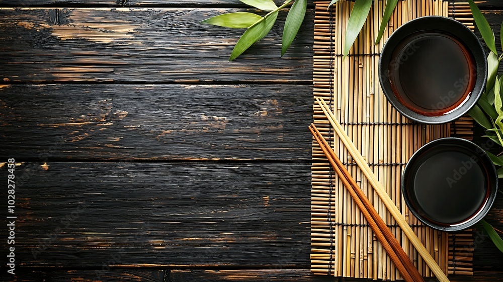 Poster asian table place setting with bamboo placemat sauce bowl and chopsticks top view copy space : gener