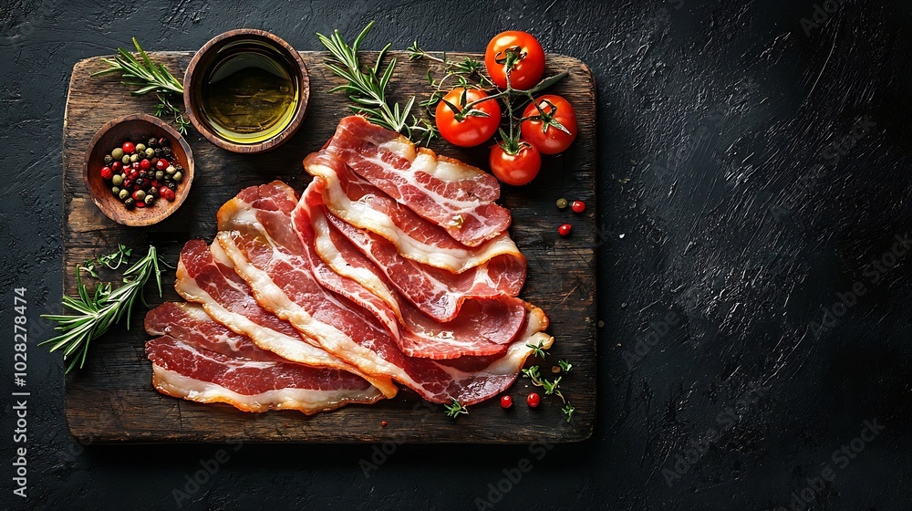 Poster raw bacon slices with herbs oil and tomatoes on wooden cutting board grey background copy space top 