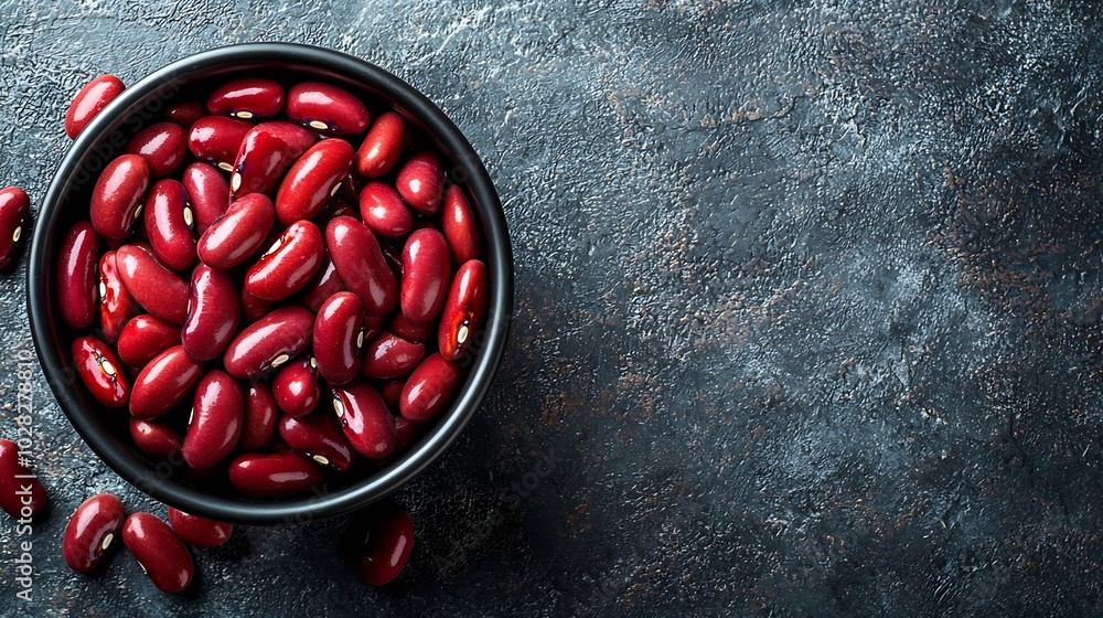 Poster red kidney beans in a black bowl on grey stone background top view copy space : generative ai