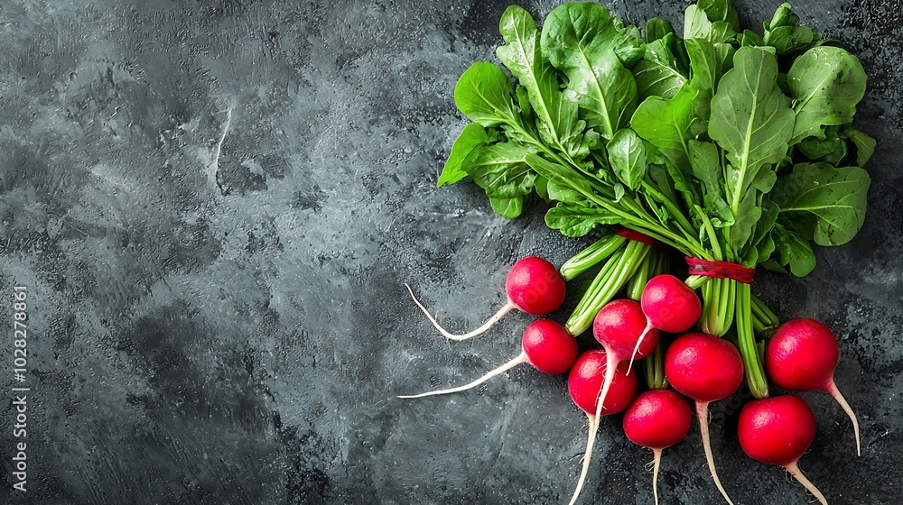 Poster radish bunch on grey stone background copy space top view : generative ai