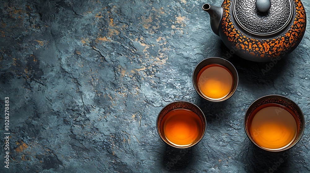 Poster green tea in tea pot and chawan bowls cups on slate background top view copy space : generative ai